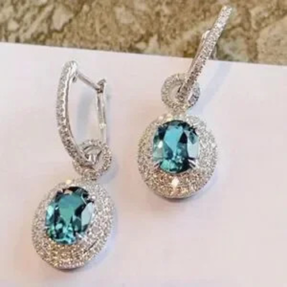 Luxurious Blue Diamond Dangle Earrings - Picture 2 of 7